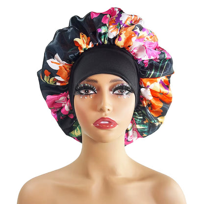 Hair Cap Silk Satin Bonnet Large Sleeping Satin Bonnet Flower Print Elastic Band High Density Women Braids Curly Night Hat