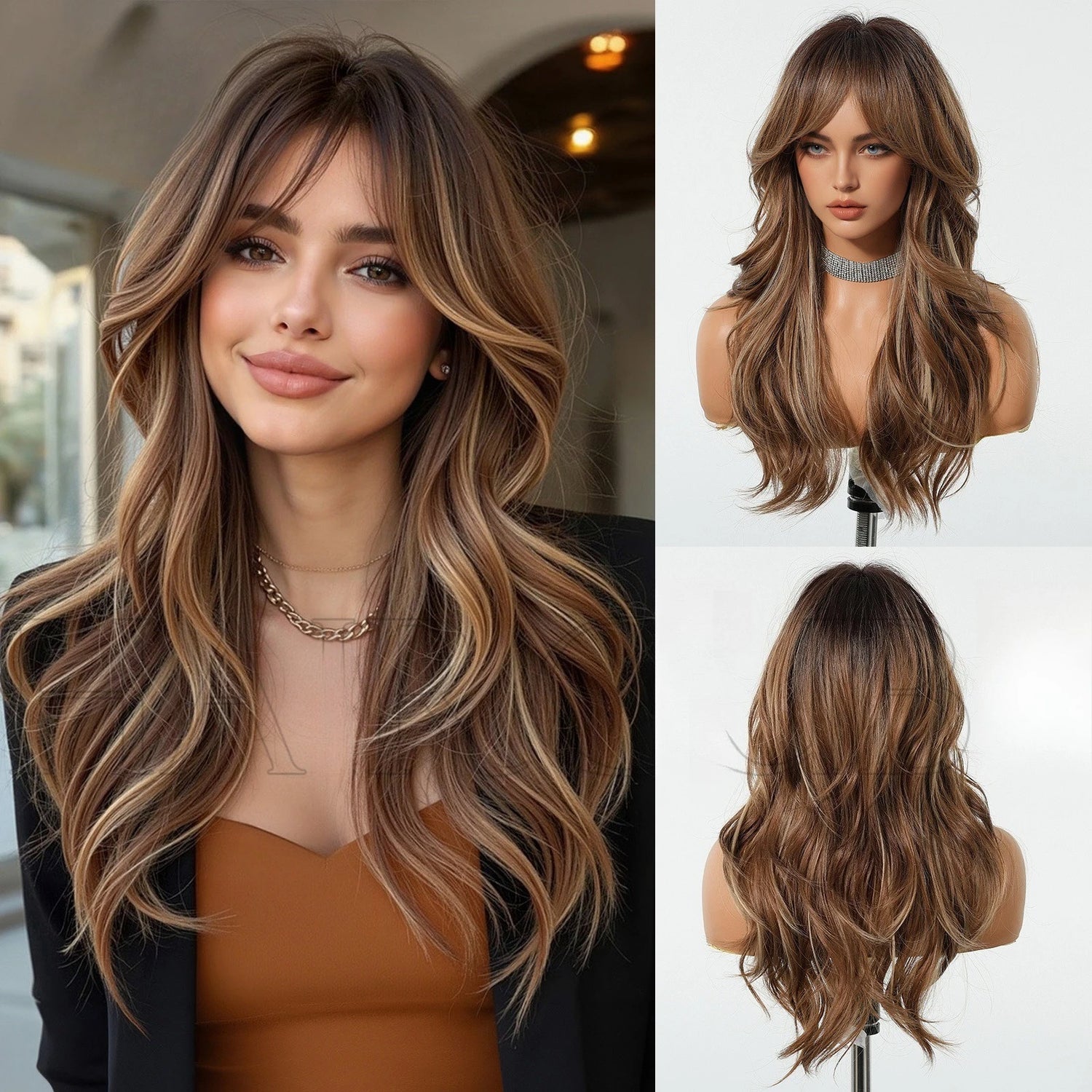 Elevate Your Look with Our Brown Wavy Wig for Women - Long Natural Synthetic Hair with Bangs for Daily Wear and Cosplay