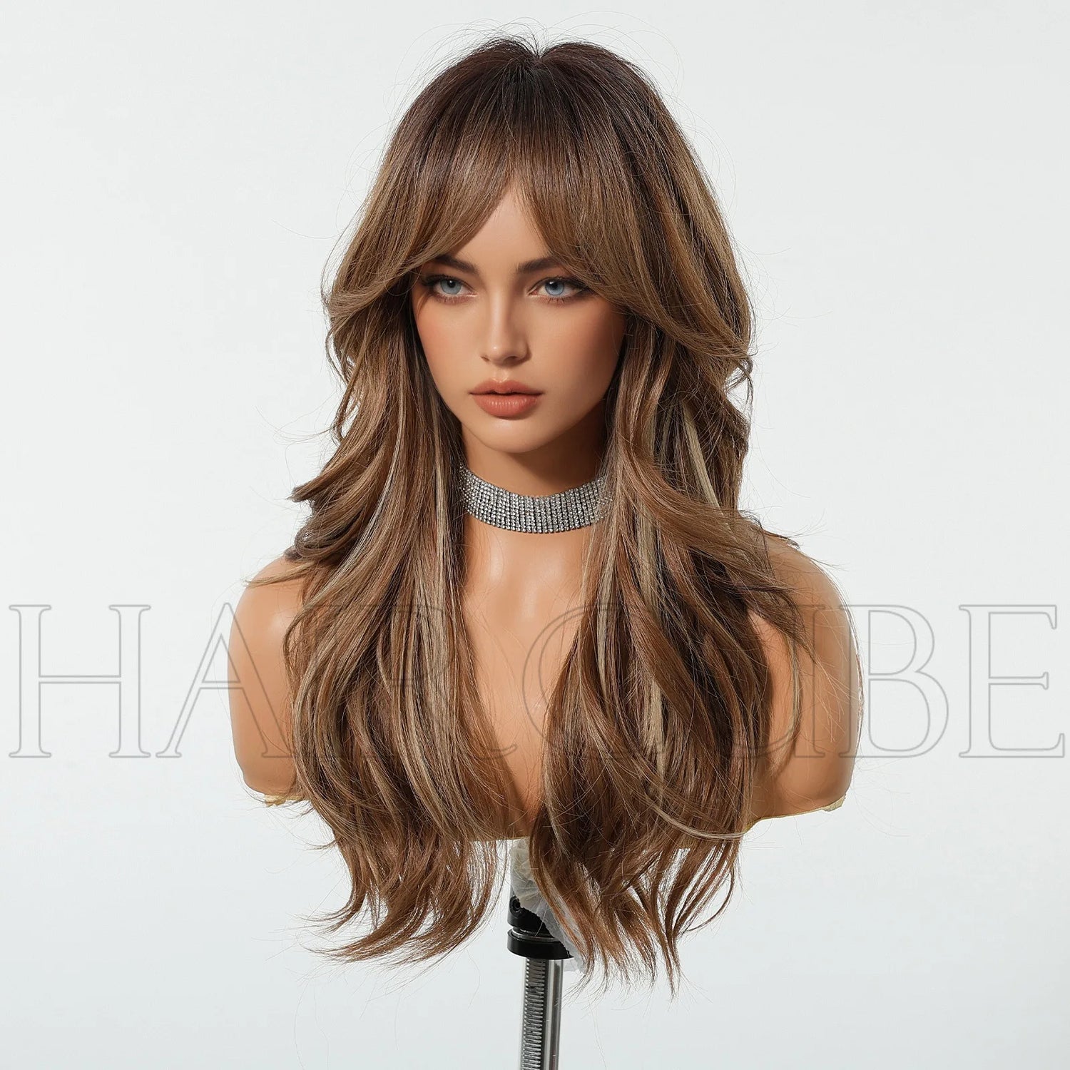 Elevate Your Look with Our Brown Wavy Wig for Women - Long Natural Synthetic Hair with Bangs for Daily Wear and Cosplay