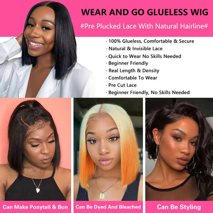 Wear and Go Glueless Wigs Human Hair Bob Straight Pre Cut Lace Front Wigs Human Hair Upgraded No Glue Lace Front Wigs for Women