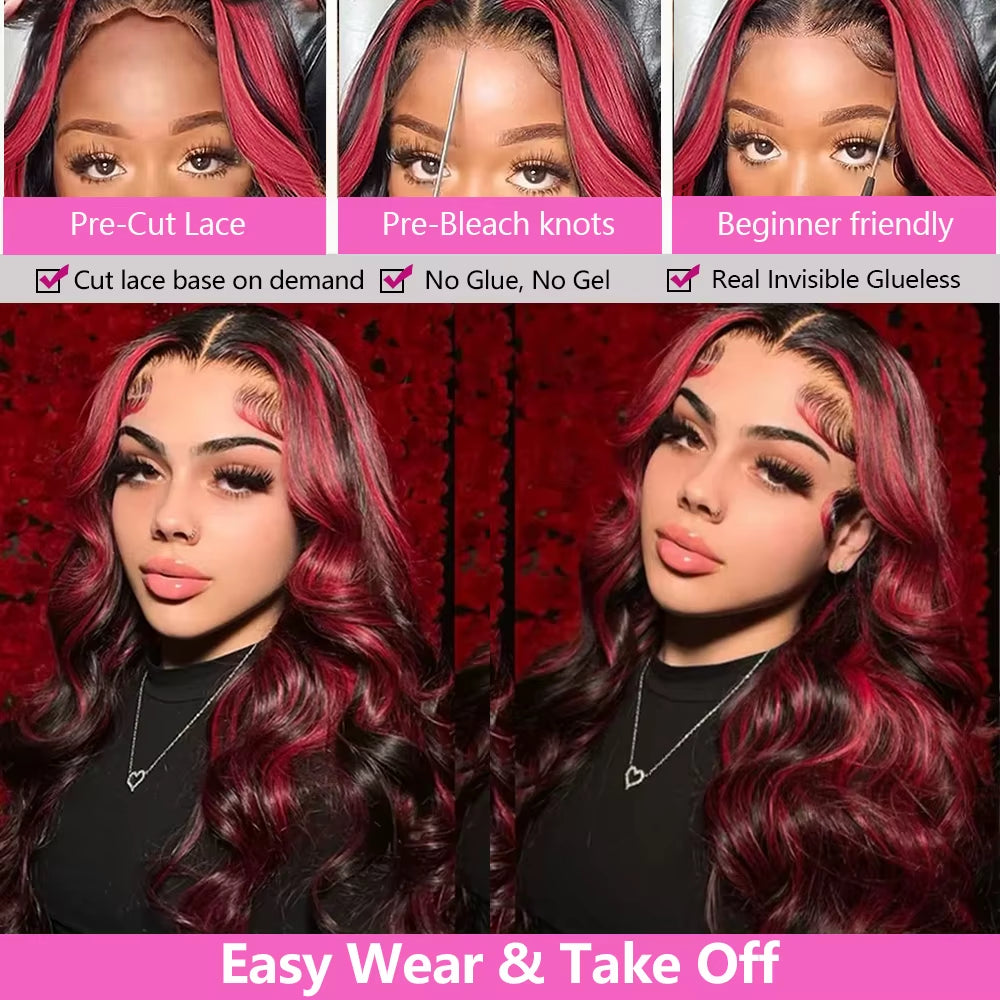Ombre Red with Blonde Highlights Body Wave 5X5 Glueless Wigs Human Hair Burgundy for Women Pre Plucked 200 Density Colored Wig