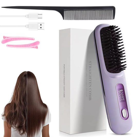 Experience Effortless Style Anywhere with the 2026 Cordless Portable Hair Straightener Brush - Fast Heating with LCD Temperature Display