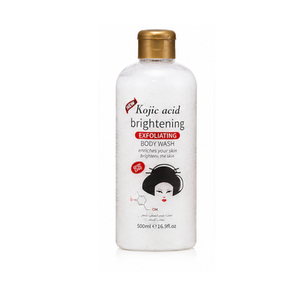Kojic acid brightening exfoliating body wash bottle on a white background