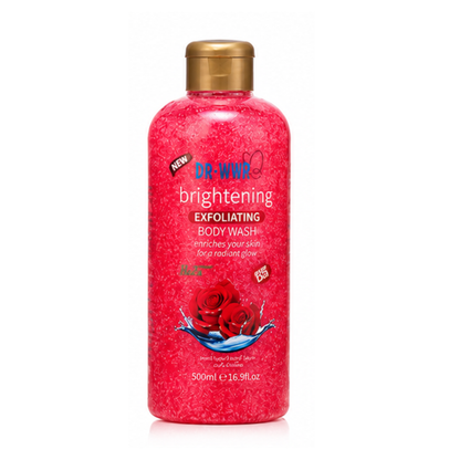 Red bottle of Dr. WORR brightening exfoliating body wash with a gold cap on a white background