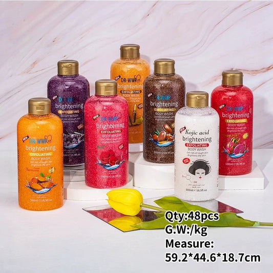 Assorted bottles of skincare products on a white background with a yellow flower.