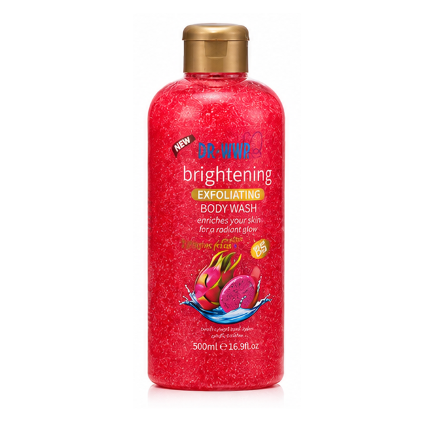 Red bottle of Dr. Wiss brightening exfoliating body wash on a white background