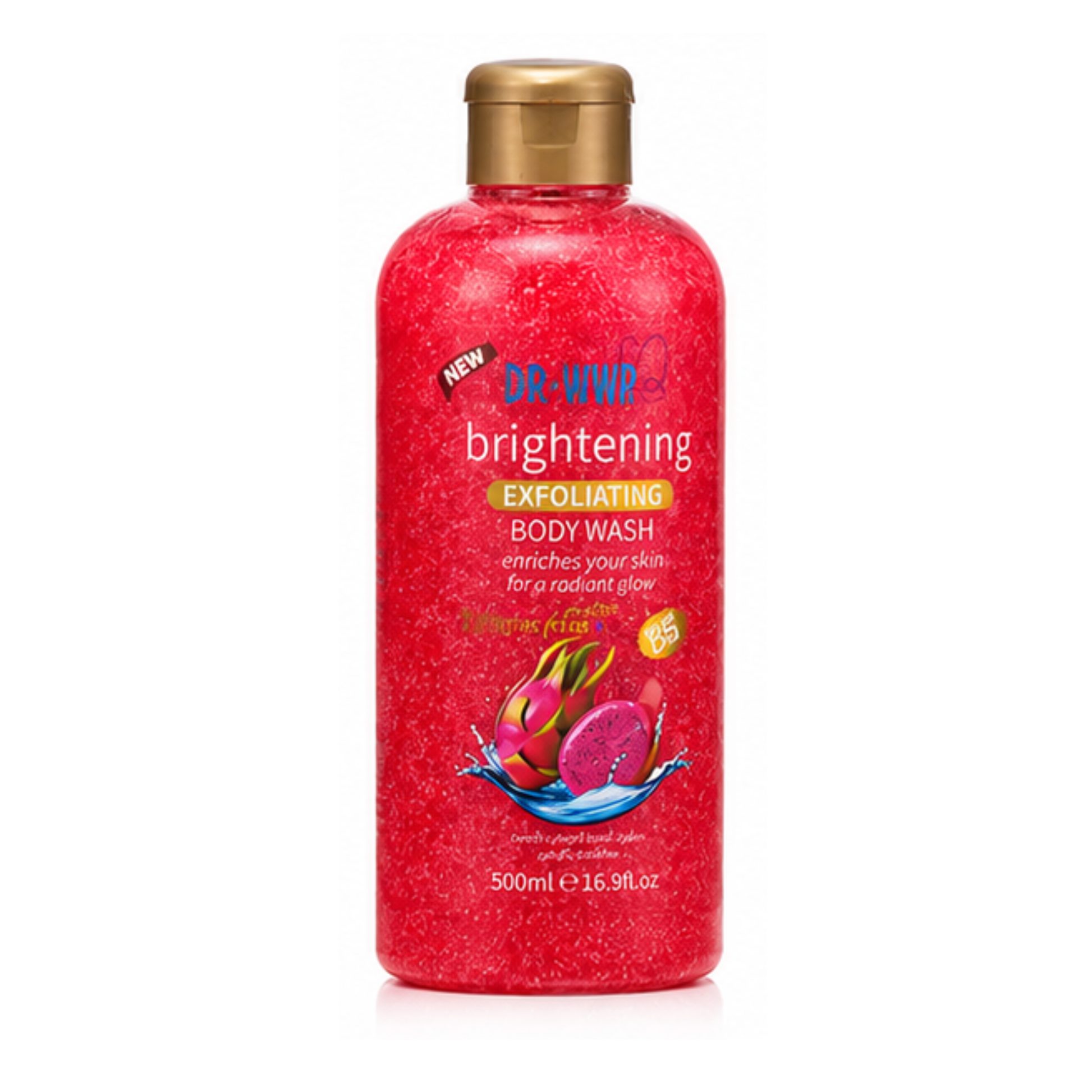 Red bottle of Dr. Wiss brightening exfoliating body wash on a white background