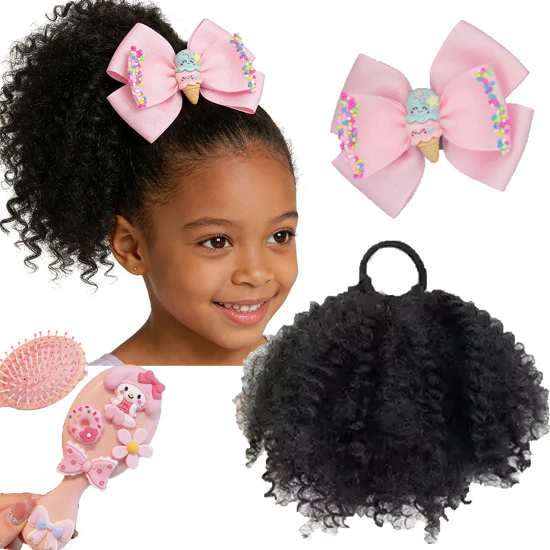 Kids Afro Kinky Curly High Puff Ponytail, Elastic Band Hair Extension + Bow Clip & Gentle Cushion Brush, Easy Wear for School