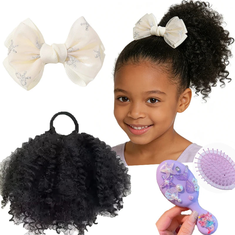 Kids Afro Kinky Curly High Puff Ponytail, Elastic Band Hair Extension + Bow Clip & Gentle Cushion Brush, Easy Wear for School