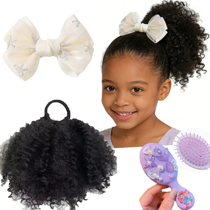 Kids Afro Kinky Curly High Puff Ponytail, Elastic Band Hair Extension + Bow Clip & Gentle Cushion Brush, Easy Wear for School