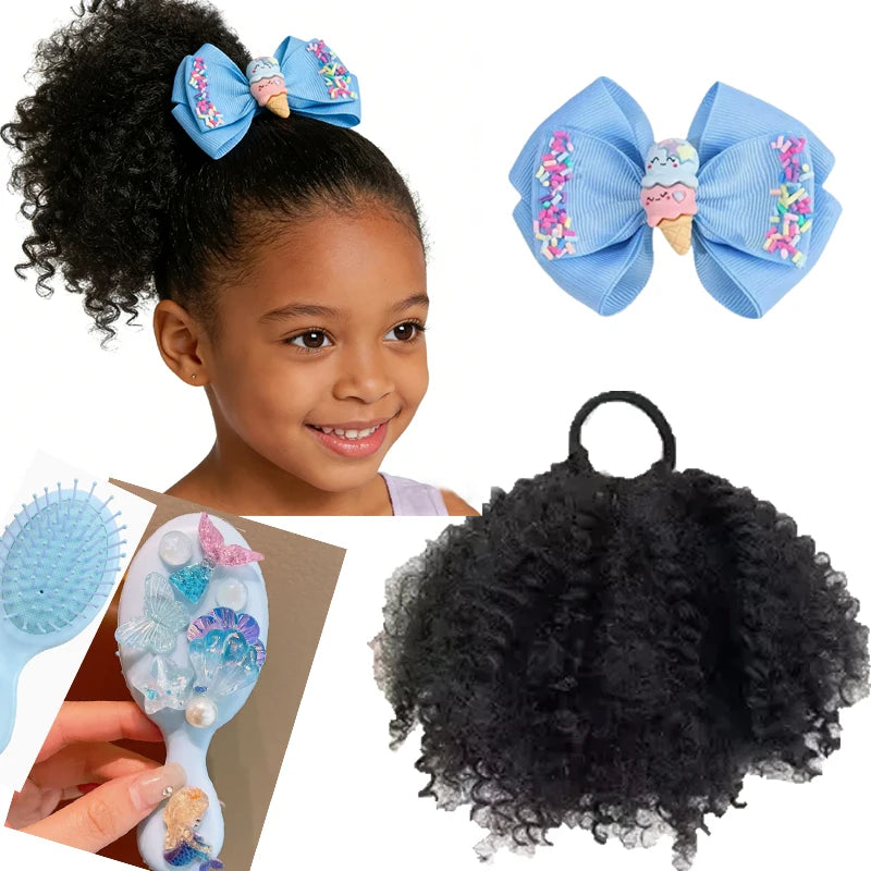 Kids Afro Kinky Curly High Puff Ponytail, Elastic Band Hair Extension + Bow Clip & Gentle Cushion Brush, Easy Wear for School