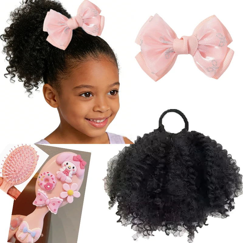 Kids Afro Kinky Curly High Puff Ponytail, Elastic Band Hair Extension + Bow Clip & Gentle Cushion Brush, Easy Wear for School