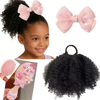 Kids Afro Kinky Curly High Puff Ponytail, Elastic Band Hair Extension + Bow Clip & Gentle Cushion Brush, Easy Wear for School