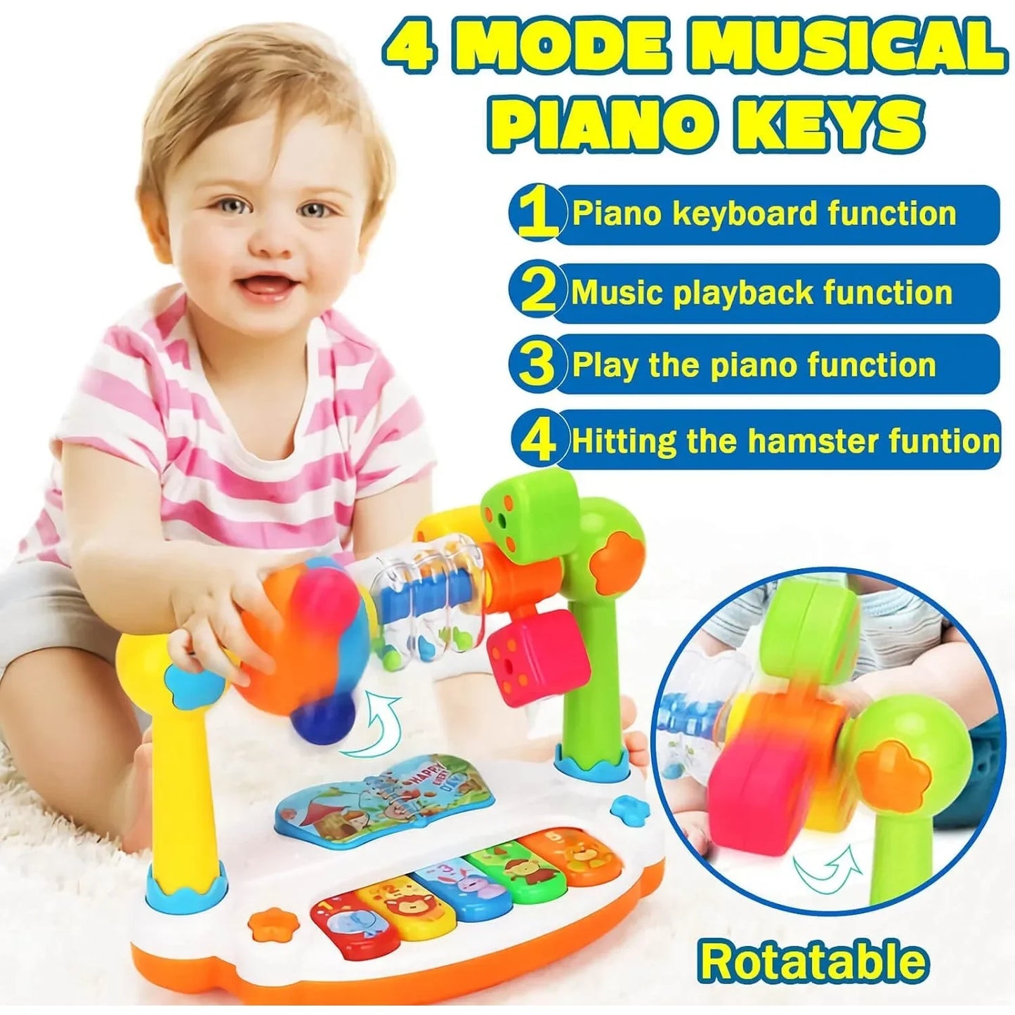 Baby Toys Drum Piano Keys Musical Instrument Kids Toys Rotating Keyboard with Lights Sound Toddlers Educational Christmas Gifts