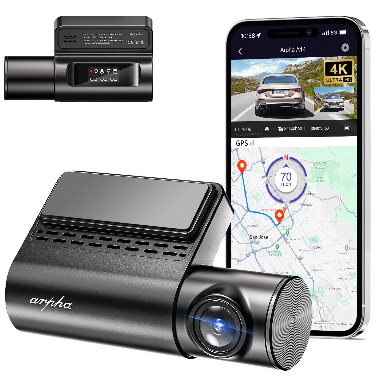 Capture Every Moment with the ARPHA A14 4K Wi-Fi Dash Cam - Parking Mode, G-Sensor & GPS for Ultimate Safety